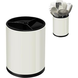 Stainless 360 Rotating Kitchen Utensil Holder,Large Counter Utensil Caddy, Cooking Spoon Stand Spatula Cutlery Metal Utensil Canister Tool Silverware Holder Rack For Countertop (Off-white)