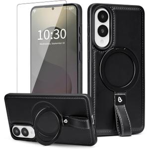 for Samsung Galaxy S25 Edge Case Leather with Stand, Anti-Slip Shockproof Loop, Compatible with MagSafe, Magnetic Protective Galaxy S25 Edge Leather Case (Black, S25 Edge-6.7inch)