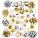WRAPAHOLIC 40 Pcs Gift Bows Assortment - 28 Assorted Size Gift Bows(Gold&Silver&White), 1 Pull Bow, 2 Tinsel Bows, 2 Fountain Bows, 2 Curly Bows, 4 Curling Ribbons, 1 Cotton Twine (Gold Set 40 Pcs)