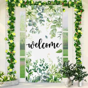 Summer Spring Welcome Door Cover Decoration Eucalyptus Flowers Greenery Door Banner Background Seasonal Porch Door Sign Welcome Front Door Cover for Indoor Outdoor Decor Party Supplies
