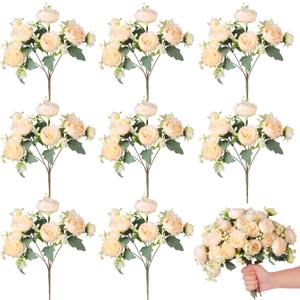 Luyue 8 Packs Peonies Artificial Flowers Vintage Faux Peony Bouquet Fake Flower for Vase Silk Floral Arrangements for Table Centerpiece Wedding Decoration Indoor Home Decor (White-green-8pcs)