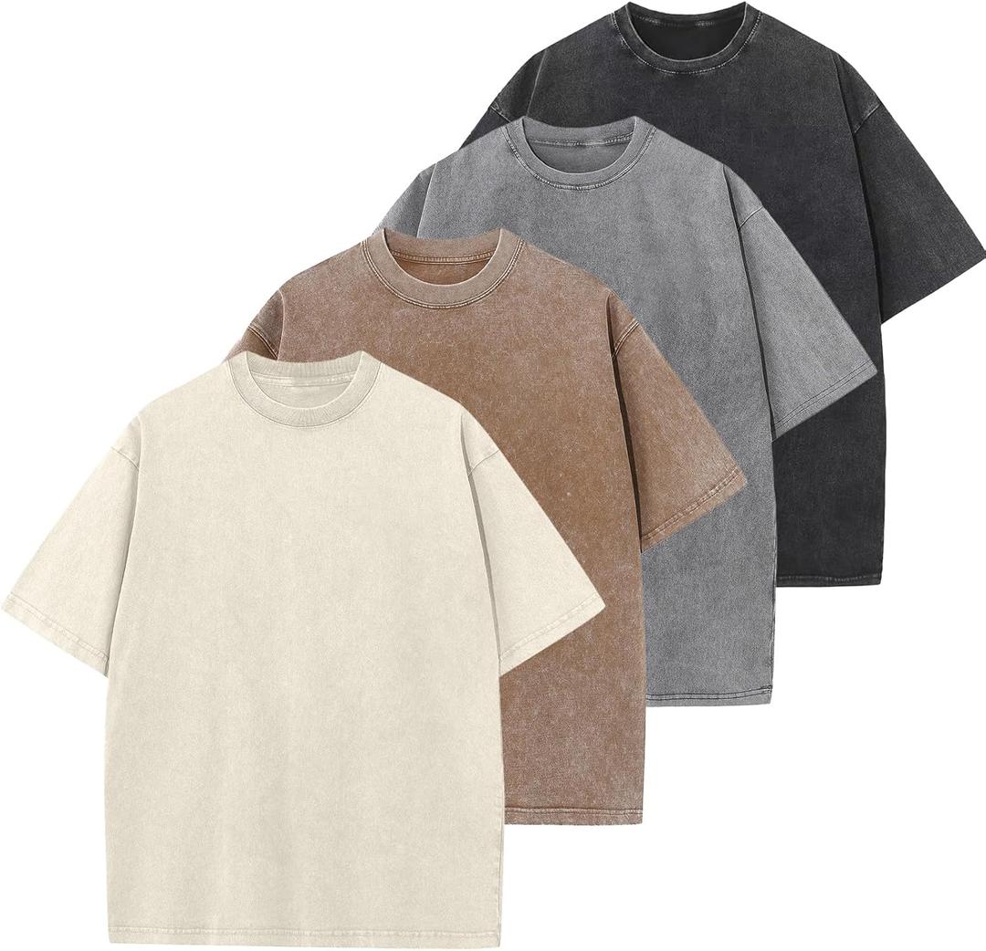 Men's Oversized Cotton T-Shirts Loose Fit Vintage Washed Tee Unisex Short Sleeve Casual Shirts Tops (XX-Large, Black+grey+sand+beige)