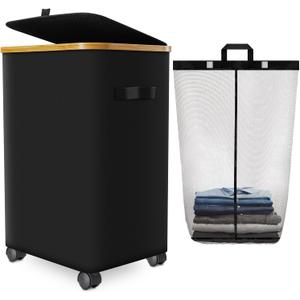 Laundry Hamper with Wheels,20 Gal (75L) Laundry Basket with lid Rolling Clothes Hamper Foldable Dirty Clothes Basket on wheels with Bamboo Frame and Bag for Bedroom, Dorm, Laundry Room-Black