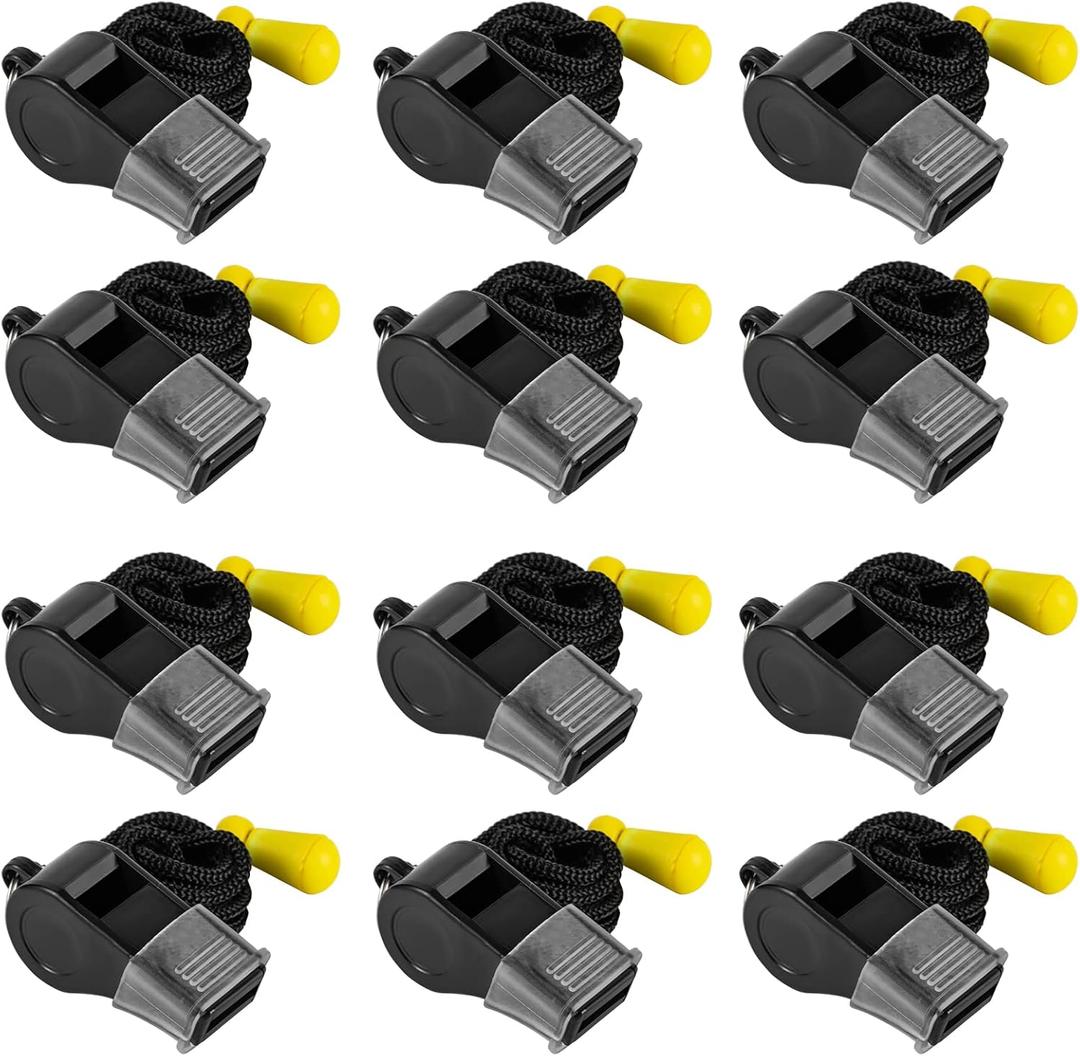 12 Pack Sport Whistles with Lanyar for Coaches, Referees and Officials, Loud Crisp Sound (12 Pcs(black))