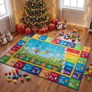 Unirea 8x10 Kids Rug for Playroom Classroom Bedroom, Washable Educational Play Mat with ABC Alphabet, Numbers, Animals for Living Room, Nursery, Colorful Learning Carpet for Toddlers, Rainbow