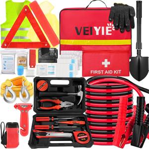 Roadside Car Emergency Kit, Winter Car Safety Kit with 10FT Jumper Cables, Tow Strap, Tool Kit, Reflective Warning Triangle, Road Trip Essentials, for New Drivers, Teens (119RED)