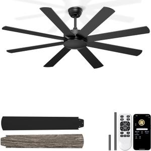 60'' Ceiling Fans No Lights - Modern Black Ceiling Fan Remote/APP Control, Quiet DC Motor Ceiling Fan for Garage Covered Outdoor Patios, Black, 60 Inch, No Light 
