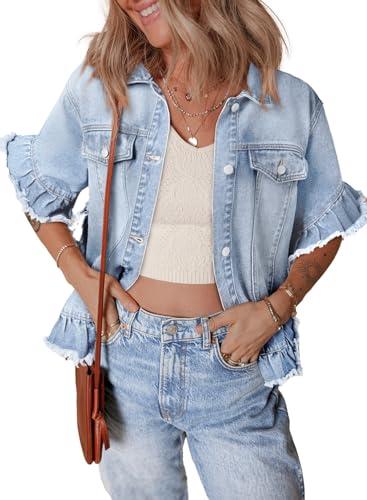 Sidefeel Denim Jackets for Women Trendy Casual Short Sleeve Button Down Washed Ruffle Jean Jackets Iceland Blue S