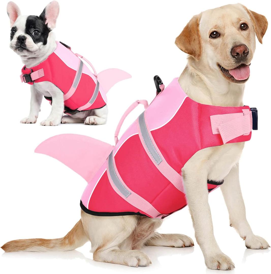 AOFITEE Dog Life Jacket, Shark Dog Life Vest for Swimming Boating, High Flotation Pet Lifesaver with Rescue Handle, Reflective French Bulldog Lifejacket, Life Jackets for Small Medium Large Dogs, M (Light Pink & Dark Pink)