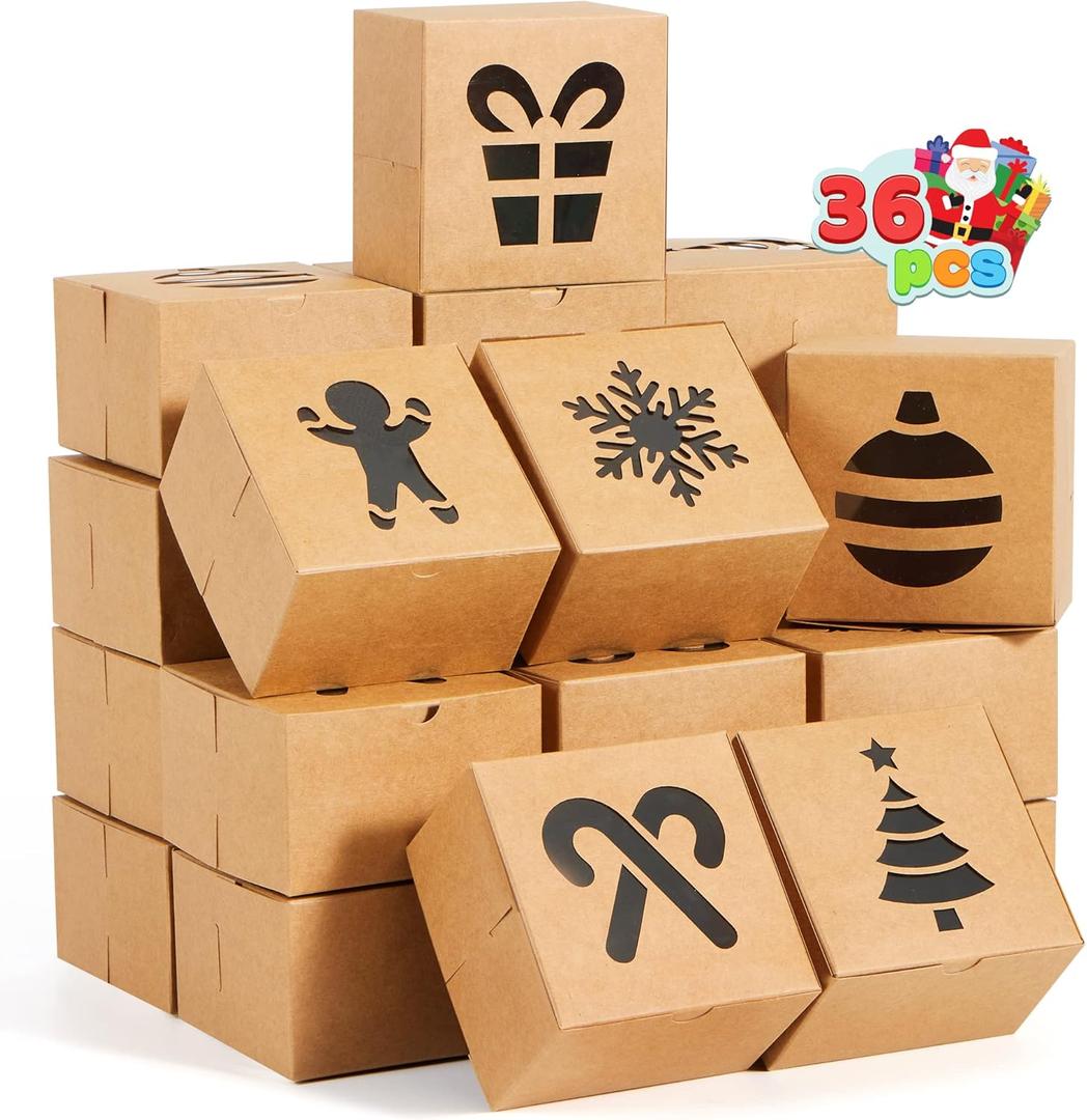 JOYIN 36 PCS Christmas Cookie Boxes for Gift Giving, Brown Bakery Treat Boxes with Window, 4" x 4" x 2.5" Gift Wrap Box for Xmas Holiday Party Favor Pastries, Cupcakes, Donuts, Brownies, Donuts