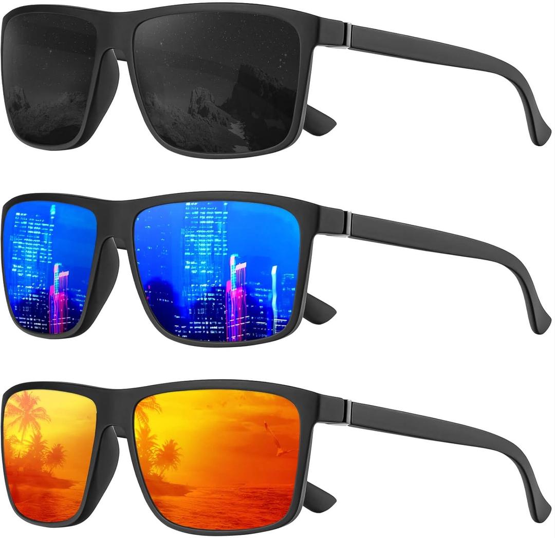 KALIYADI Polarized Sunglasses for Men and Women, Mens Sun Glasses with UV Protection for Driving Fishing Golf (3 Packs) ((3 Pack) Black/Dark Blue/Red)