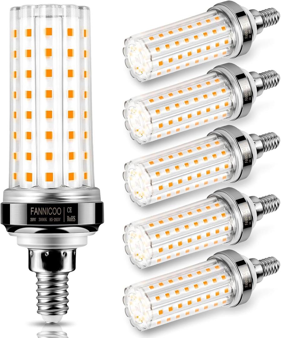 FanNicoo E12 LED Bulb, 20W LED Corn Light Bulb 150W Equivalent 2000Lumen 3000K Warm White Non-Dimmable LED Candelabra Light Bulbs for Ceiling Fan Home Kitchen Bathroom Indoor Pack of 6