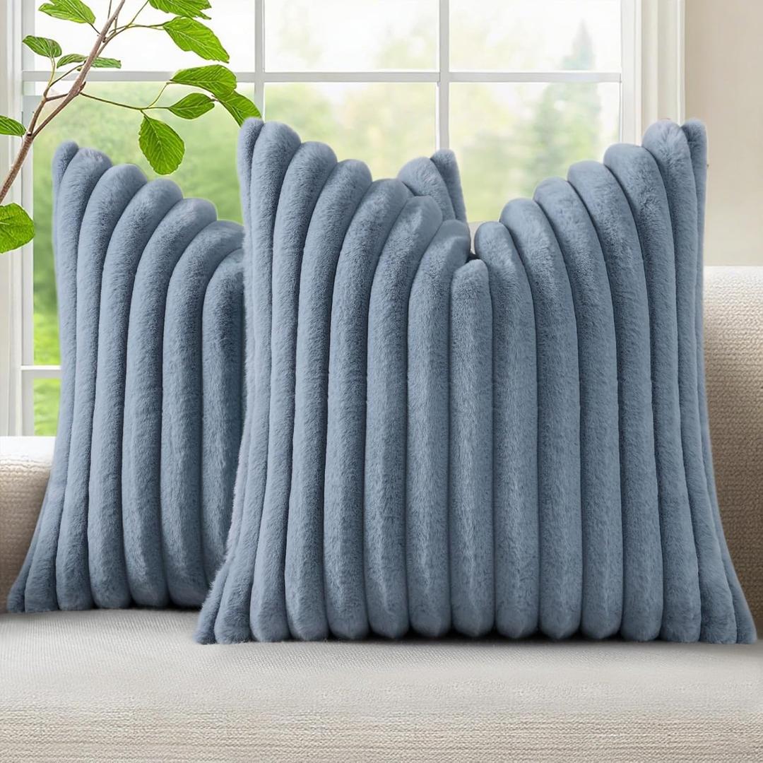 decorUhome Cozy Faux Fur Throw Pillow Covers 20x20 Set of 2 Decorative Soft Plush Striped Modern Farmhouse Boho Couch Pillow Cases with Velvet Back for Sofa Bed Living Room, Grey Blue
