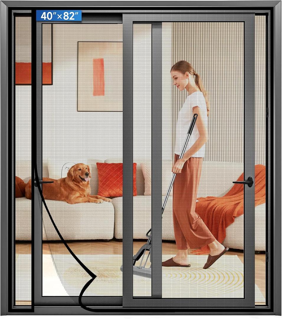 Magnetic Screen Door Left Right Side Opening Upgraded PET Mesh Greater Than Fiberglass and Polyester,Keep Bugs Out,Pet & Kid Friendly,Suitable for Sliding Doors,Screen Size-40" X 82"