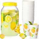 Umigy 1 Gallon Lemon Plastic Drink Dispenser with 20 Pcs 12 oz Lemon Paper Party Cups 1 Gallon Kitchen Fridge Beverage Dispenser Plastic Water Dispenser with Spigot for Juice Tea Beer