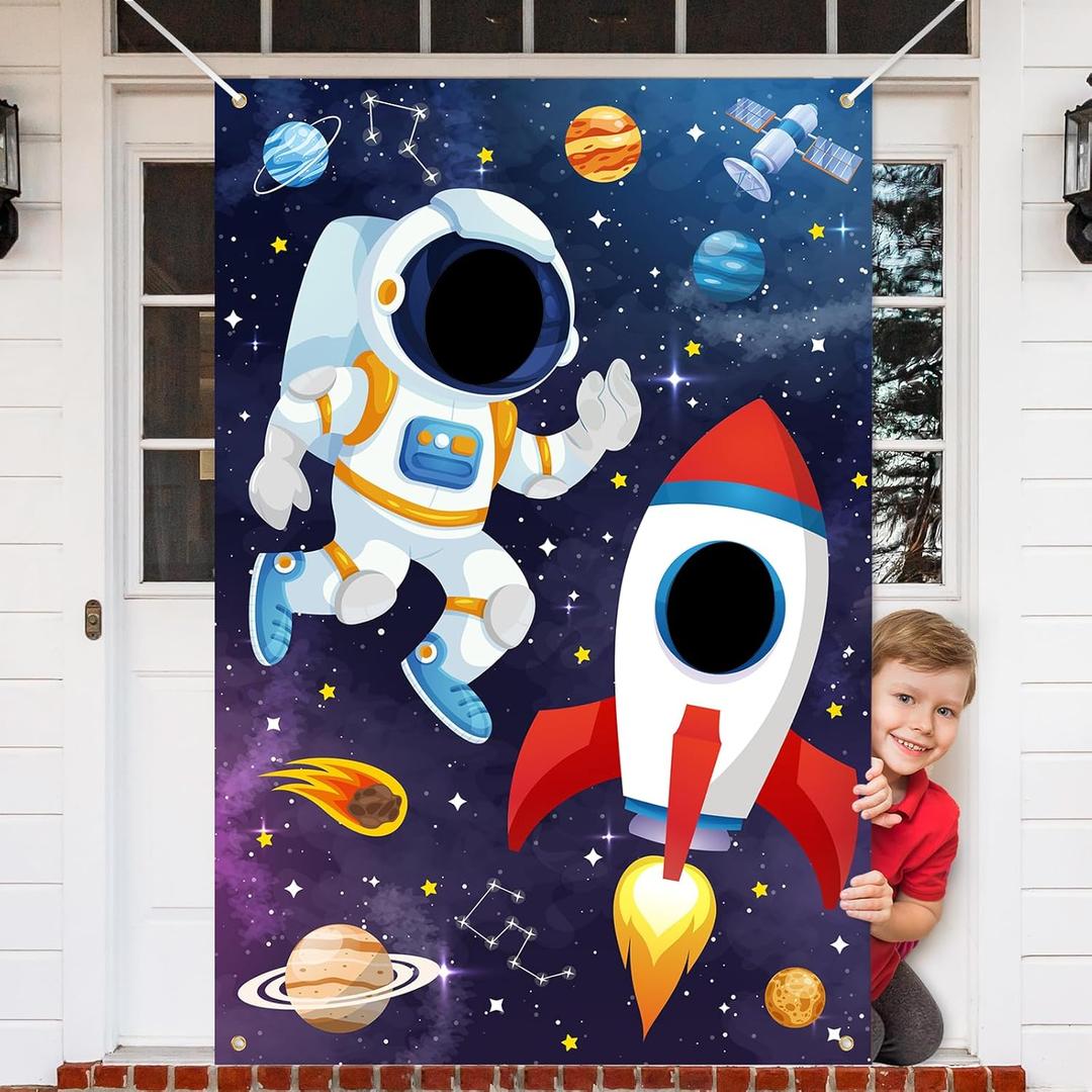 Outer Space Themed Party Decorations Astronaut Photo Booth Prop Backdrop Rocket Ship Galaxy Planet Starry Photography Background Banner Face Cutout Wall Door Cover Birthday Supplies Room Decor Hole