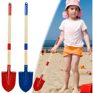 2PCS Metal Beach Shovels for Kids, 15.3"-28" Long Toddler Spade Sand Shovel Blue Red Detachable Children Garden Shovel with Wood Handle and Plastic Grip Beach Play Tool for Kids Adult Digging Sand