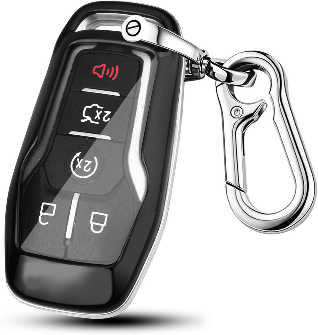 QBUC for Ford Key fob Cover,ABS Plastic Car Key Case Protector with Keychain Compatible with with Ford Fusion F-150 Edge Explorer Mustang Lincoln MKZ MKC 4/5 Buttons Smart Key(Black)
