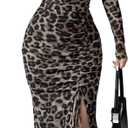 GORGLITTER Women's Maxi Leopard Spring Wedding Guest Dress Drawstring Ruched Asymmetrical Neck Split Dresses (Medium, Black)
