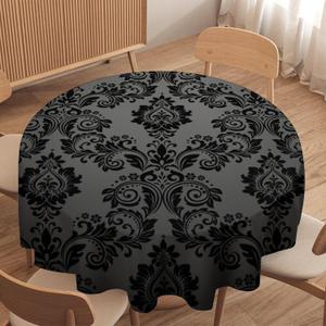 Gothic Black Damask Round Tablecloth, Vintage Floral Exotic Bohemian Antique Victorian Table Cloth Water Resistant Table Cover for Farmhouse Party Holiday Kitchen Dinner Table 36" (Dark Black-2)