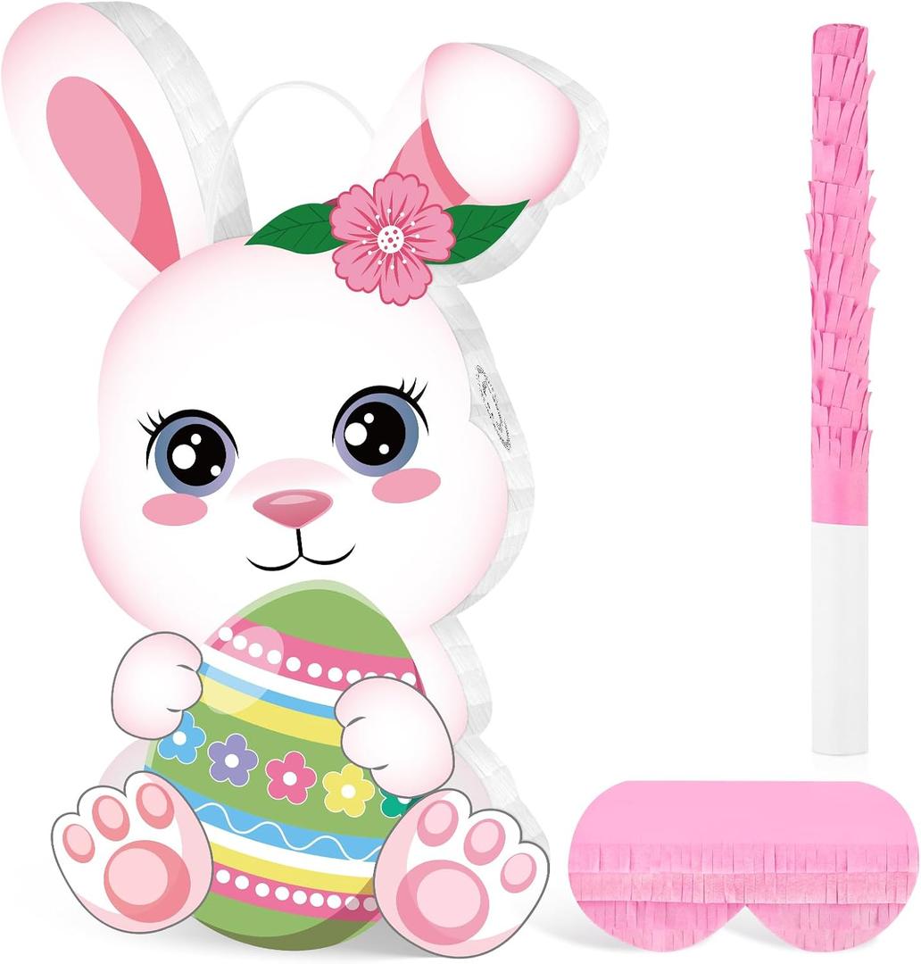Hooqict Easter Egg Pinata Bunny Pinata with Blindfold and Bat Stick for Girls Spring Happy Easter Party Games Bunny Birthday Party Decorations Sunday Celebration Supplies
