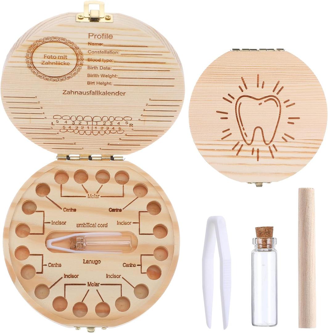 Baby Tooth Fairy Box Baby Tooth Keepsake Box for Lost Tooth Tooth Holder for Kids Wooden Kids Keepsake Organizer Cute Children Tooth Container with Tweezers for Boy Girl Shower Birthday Gift