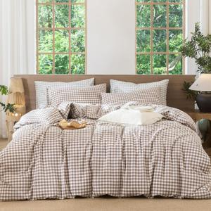 MooMee Gingham Duvet Cover Set 100% Washed Cotton Linen Like Textured Breathable Durable Soft Comfy Modern Checkered Design (Brown Gingham, Super King 108"x98") (Classic Gingham - Brown (No Comforter))