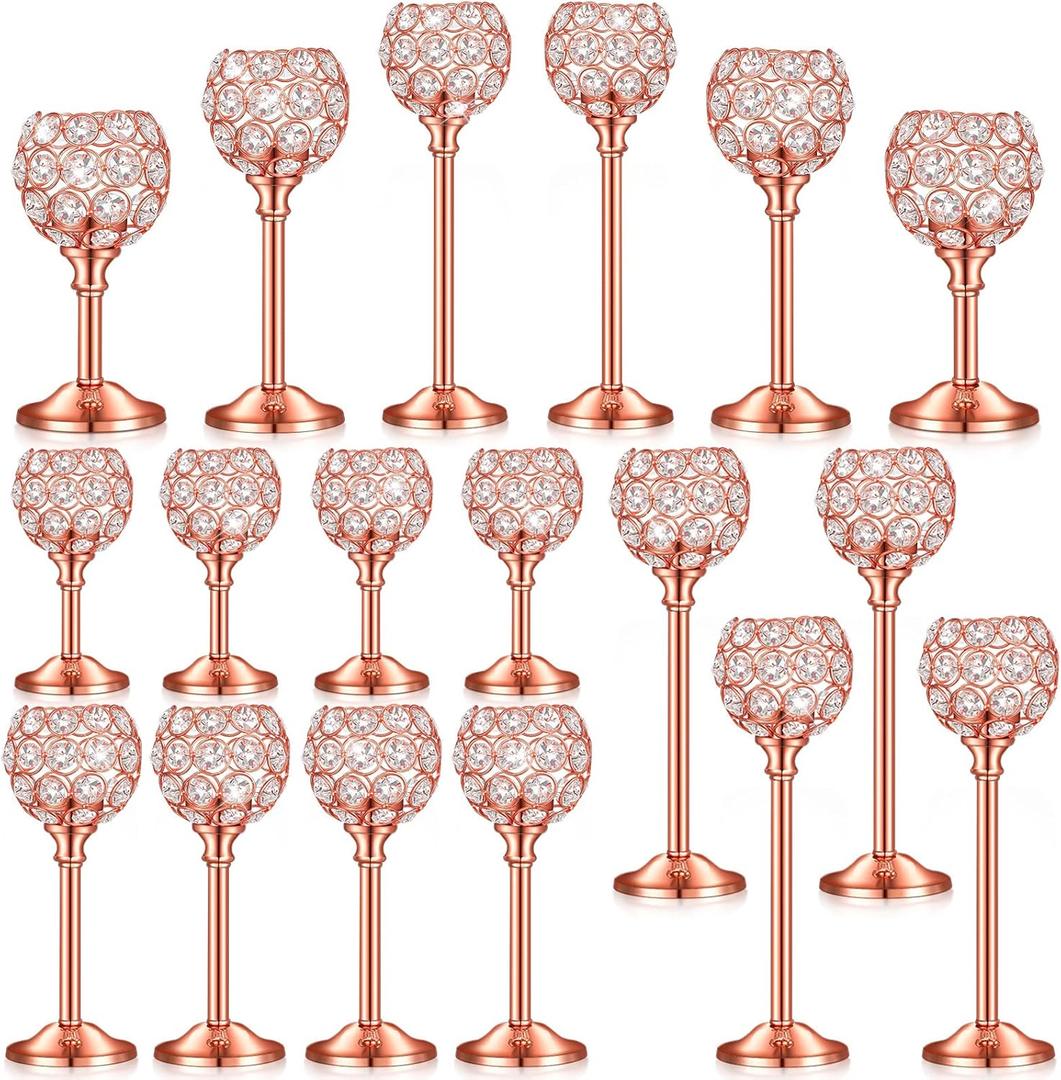 Qunclay 18 Pieces Crystal Candle Holders Bulk Candle Stick Holder Centerpieces for Table Wedding Centerpieces Crystal Decorative Tealight Dining Table Decor for Party(Rose Gold)
