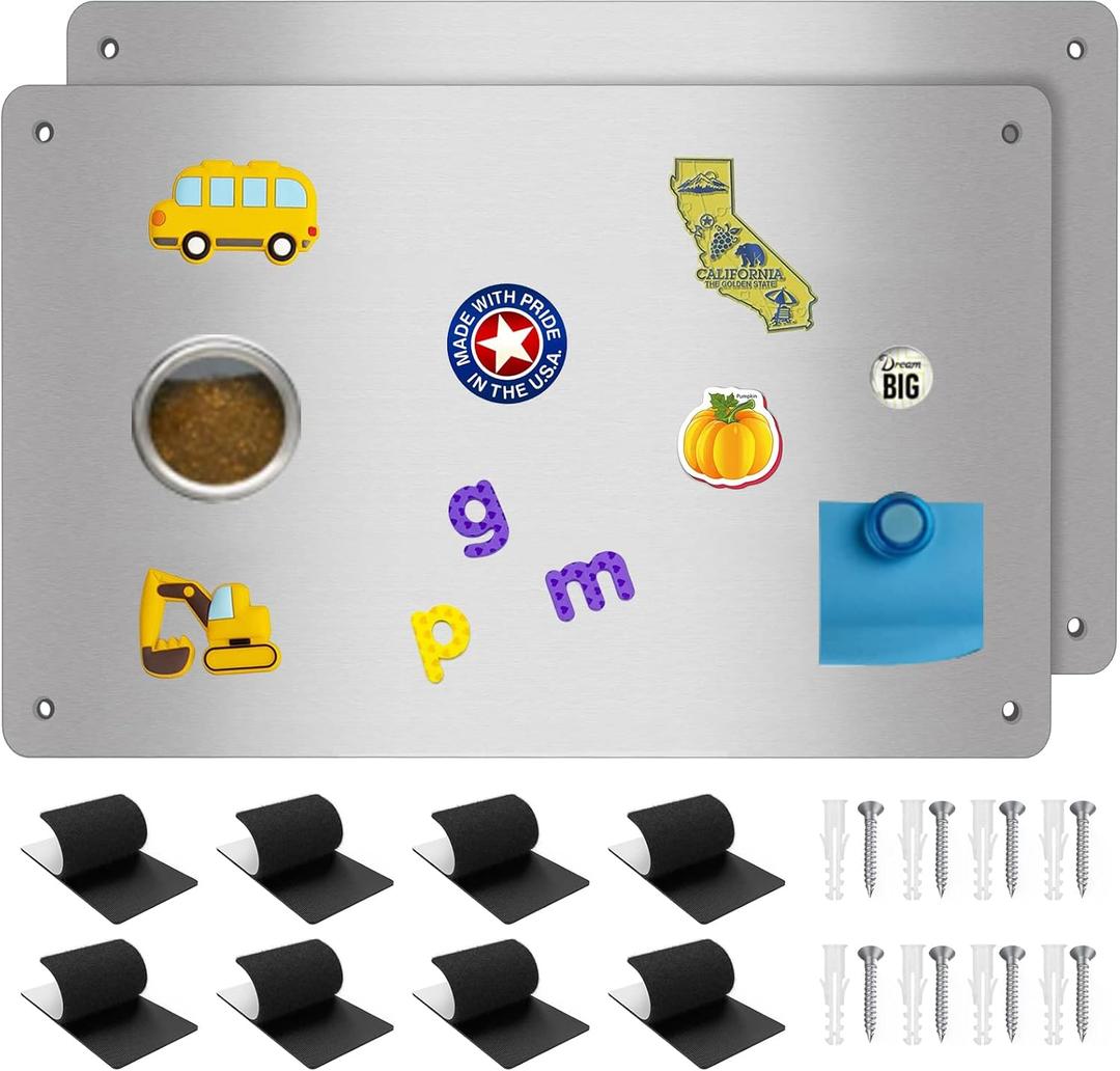2Pack Magnetic Board, 17.1" x 11.8" Magnet Display, for Magnets and Bulletin Board, Suitable for Wall, Refrigerator, Compartment, Cabinet etc, Comes with Dual Lock Tape for Easy Hanging (Silver)