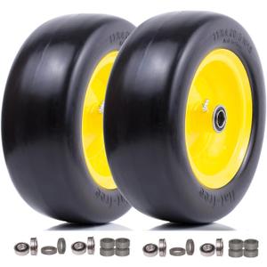 11x4.00-5 Flat Free Smooth Lawn mower Tire Assembly,with 3/4" or 5/8" & 1/2" Precision bearings, 3.4"-5.6" Centered Hub, Replacement for Front Zero-Turn Riding Lawn Mowers & Garden Tractor (2 Pack)