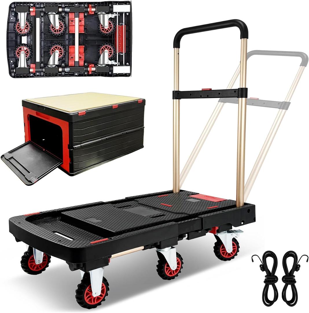 Collapsible Hand Truck w/Foldable Basket & Brake Wheel, Retractable Platform & Handle Heavy Duty 500lbs Capacity, Sponge Grip,Convertible Folding Dolly Cart for Luggage,Travel,Delivery & Storage