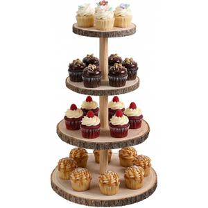 4 Tier Wooden Cupcake Tower, Wood Cupcake Stand, Tiered Dessert Stands, Large Rustic Cupcakes Display Holder Stand, for Woodland Baby Shower Decoration Wedding Birthday Tea Party Farmhouse Decor