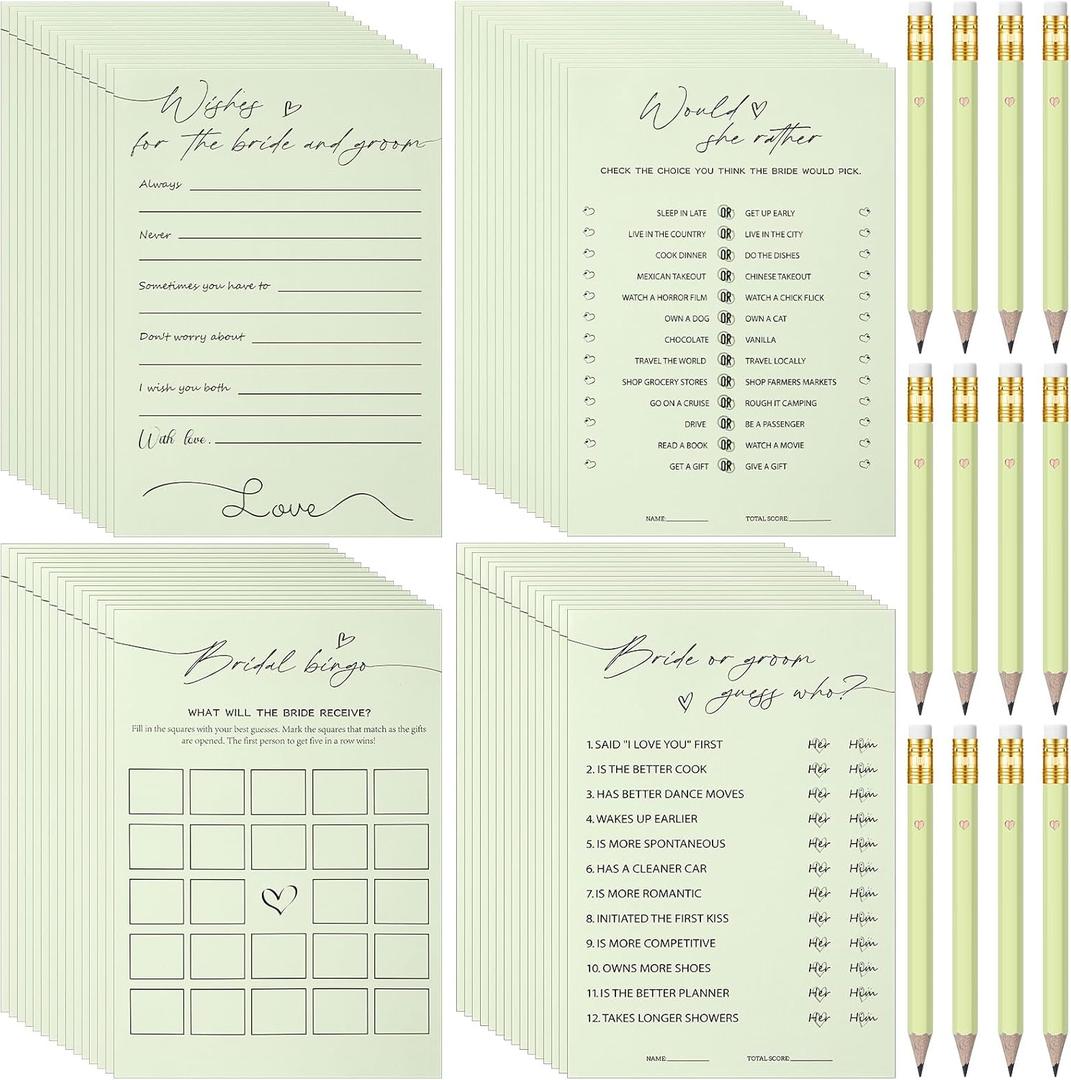 132 Pieces Wedding Shower Games Bridal Shower Favors for 30 Guests Including 120 Wedding Games Cards and 12 Pencils for Bride Groom Bachelorette Party Favor(Sage Green)
