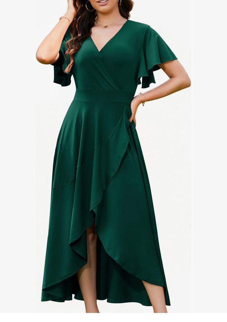 WEACZZY Women V Neck Ruffle Sleeve Maxi Dresses Split Elegant Wrap Ruffle Wedding Guest Dress Elegant Casual Dresses
L