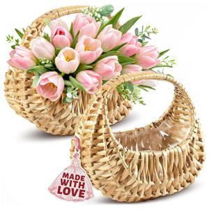 Small Flower Girl Basket Set of 2 - Small Wicker Basket with Handle and Waterproof Lining, 6.3 x 5.12 x 3.75 Inch - Rattan Design for Wedding Flower Petals, Candy, Gift Use, Storage and Home Decor