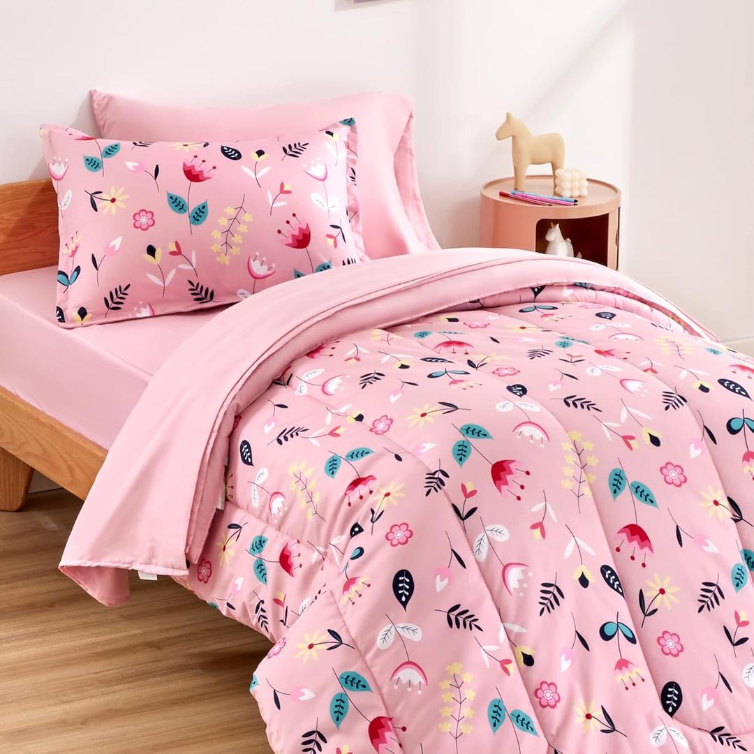 SLEEP ZONE Kids Bedding Comforter Set Full/Queen Size - Super Cute & Soft Kids Bedding 7 Pieces Set with Comforter, Sheet, Pillowcase & Sham (Pink Flower) (Full/Queen (7-Piece Set))