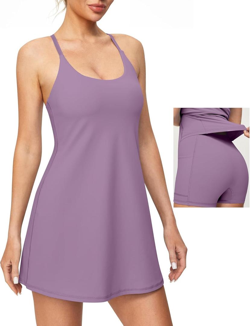 Heathyoga Tennis Dresses for Women with Shorts Underneath and Bra Athletic Dress for Women Dress with Pockets Golf Outfits (Large, Mauve)