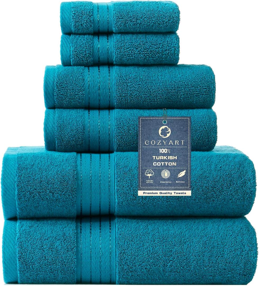 COZYART Crystal Teal/Peacock Blue Bath Towel Set for Bathroom Soft Absorbent Durable 650 GSM Turkish Cotton Towel Set of 6, 2 Large Bath Towels, 2 Hand Towels, 2 Washclothes