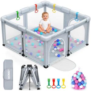 OCATO Baby Playpen: Foldable Playpen for Babies and Toddlers Large Play Pen Portable Playpen Fence Indoor Outdoor Kids Safety Area Travel Play Yard with 1 Storage Bag 4 Handlers 50 Balls (50"  50") (Light Grey)