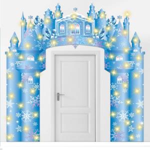 Tudomro 3 Pcs Snow Winter Castle Party Door Banner Snowflake Banner with LED Lights Winter Ice Snow Door Backdrop for Bedroom Front Porch Entryway Snowflake Birthday Party Supplies