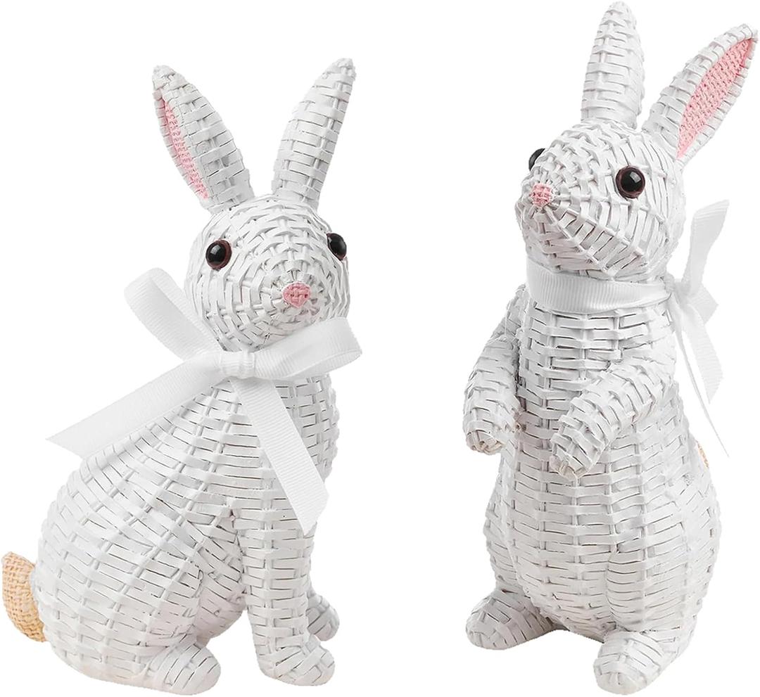 Easter Bunny Decor, Rattan Effect Resin Bunny Statue, Easter Table Decoration Spring Indoor Home Decor(Small White 2pcs)
