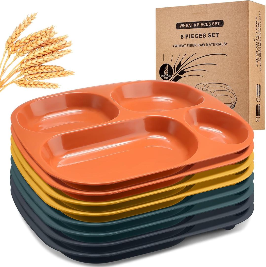 Vesici 8 Pcs 9'' Unbreakable Divided Plates Food Separator Dinner Plates Reusable Compartment Lunch Trays Dishwasher Microwave Safe(Yellow, Orange, Dark Green, Navy Blue)