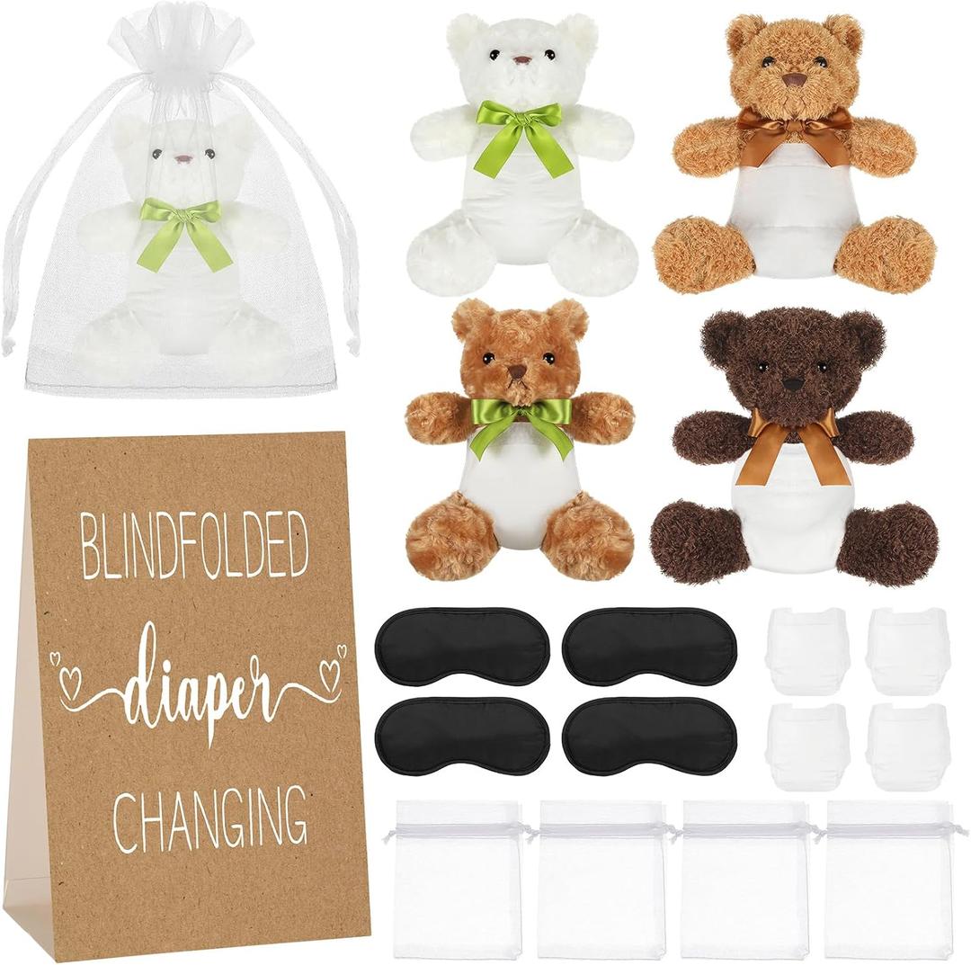 Chicingyou 4 Set Bear Blindfolded Diaper Changing Baby Shower Games with Blindfold Changing 12 Inch Bear Dolls Diapers Gift Bags for Baby Shower Gender Reveal Raffle Party Game