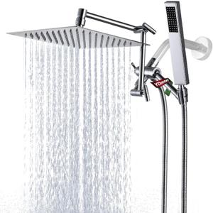 All Metal Rain Shower Head with Handheld Combo, YDmeet 10 Inch Rainfall Shower Head, Stainless Steel Hand Wand, 3 Setting Diverter, Adjustable Extension Arm w/Lock Joints, 71" Extra Long Hose, Chrome
