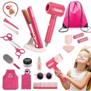 23 Pcs Hair Salon Girls Toys Kids Pretend Play Toys Toddler Dress Up Beauty Salon Set Stylist Kit with Hairdryer Flat Apron Scissors Curling Accessories Girl Gifts (with Storage Bag) (Pink)