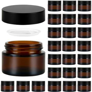 1 oz Reusable Amber Glass Container Jars 24 Pack with Wide-mouth Leak Proof Cap and Inner Pull-On Lid for Travel Storage Makeup, Face Creams, Body Lotions, DIY Crafts or Others