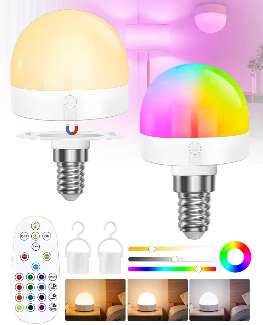 USB LED Rechargeable Light Bulb with Remote Control, Magnetic E12 Light Bulb,12 RGB Color Changing & 3 Color Temperature,2000mah,Dimmable Bulb with Timer Function for Wireless Table Lamps,2 Pack