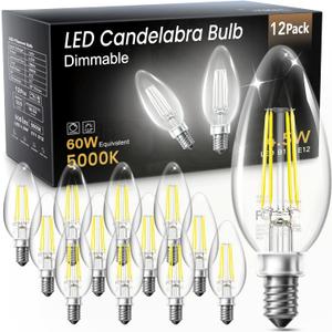 TJOY LED Candelabra Bulbs Dimmable, 60W Equivalent Chandelier Light Bulbs, 4.5W 5000K Daylight, 500LM, E12 Base, B11 Vintage LED Filament Clear Glass Candle Light for Ceiling Fan, Chandeliers,12Pack