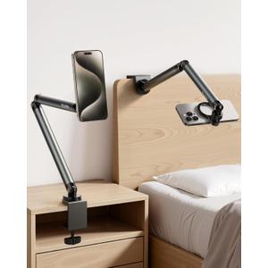 TELESIN Magnetic Phone Holder for Desk and Bed - Strong Magnetic - Tablet Stand Holder with Long Arm - 360 Freely Adjustable Rotation Base - Upgraded Silicone Clamp for iPhone, Android & IPad Series