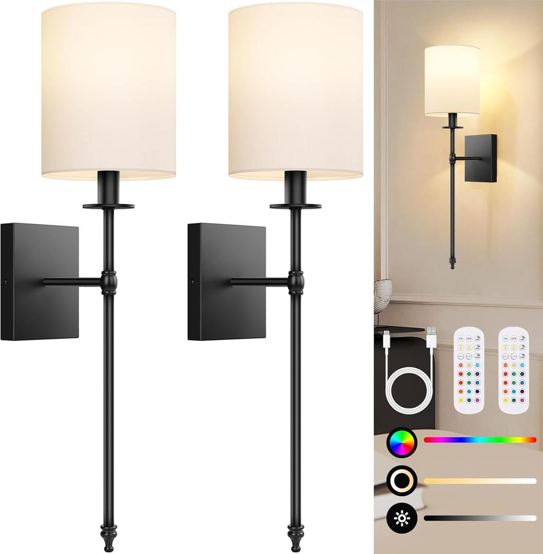 27 Inch Black Battery Operated Wall Sconces Set of 2, Rechargeable Wireless Wall Lights with Remote & White Fabric Shade, Indoor Not Hardwired Dimmable Wall Lamps for Hallway, 2 Bulbs Included